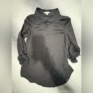 Cotton On Women’s Black Shiny Roll Tab Button Up Blouse Shirt Top Small S